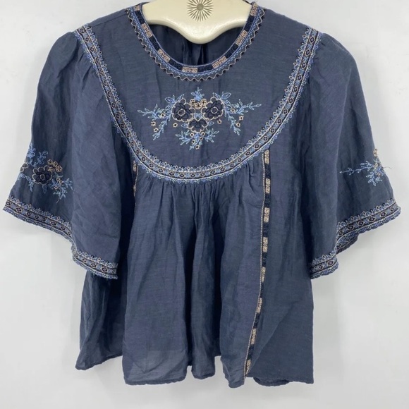 Zara Denim Peasant Embroidered Floral Linen Blend Top Blouse Size Xs - Picture 5 of 14